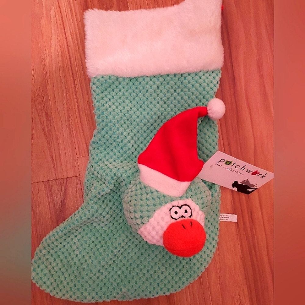 Patchwork Holiday Penguin Toy Santa Hat Mint Hanging Stocking 15 Inch Dog Gift